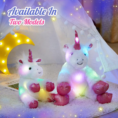 WEWILL 12'' Light Up Unicorn Stuffed Animal, LED Plush Toy, Glow in Dark Bedtime Companion for Kids