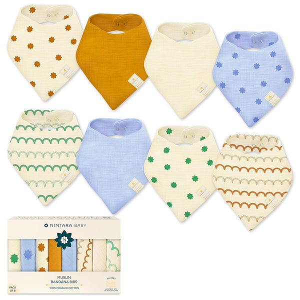 Bandana Bibs - 100% Organic Premium Muslin Cotton, Absorbent, Soft, Adjustable Snap