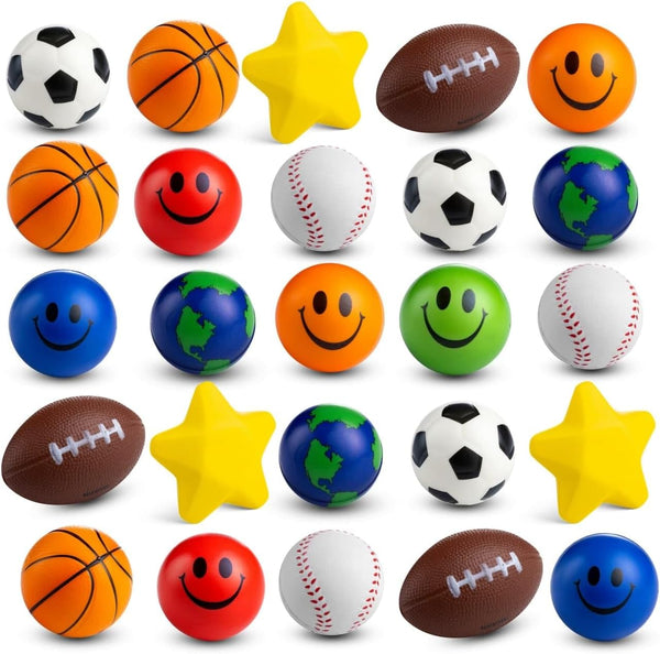 Bulk Mini Stress Balls (25 Pack) 2-3 Inch Soft Squeezable Fidget Toy Balls, Variety of Shapes & Colors for Kids Party