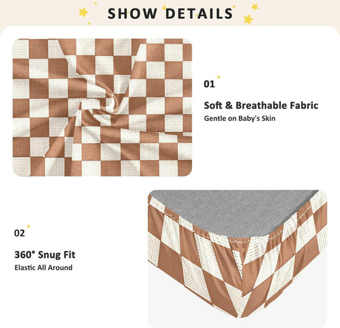 CZXW 52" 28" Netural Checkerboard Crib Sheets Fitted x Natural Cotton Soft & Breathable for Baby Crib Mattress