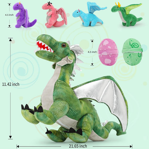 7Pcs Dragon Plush Toy Set, Dinosaur Stuffed Animals with 4 Baby Dragons & 2 Eggs, Birthday Gift for Kids