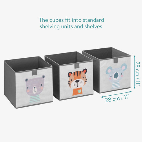 Navaris Kids Storage Cubes (Set of 3) - 11x11x11" Animal Designs - Children's Fabric Organizer Bin - Beige