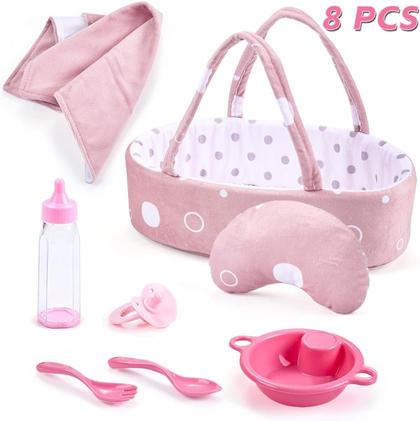 Enjoyin 8 Pcs Baby Doll Accessories Set Includes Feeding Bottle, Pacifier, Blanket, Pillow,