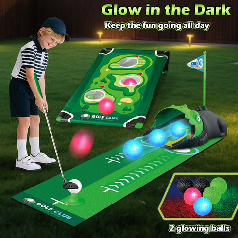 3 1 Set 3-8 3+ TERRAMUS in Kids Golf with Dinosaur Automatic Golf Returner, Golf Cornhole Board, Led Light Up Balls