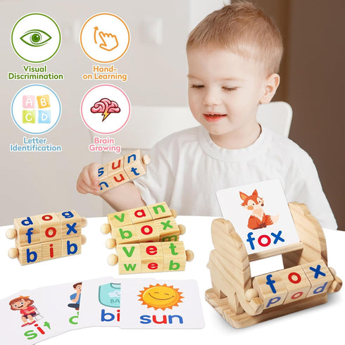 Montessori Learning Toys Gifts for Kids 3-5 Years, Wooden Reading Blocks, Preschool Activities & Flash Card Games