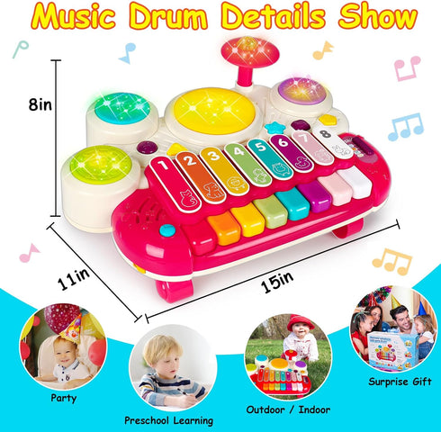 3 in 1 Musical Toys for Toddlers 1-3, Piano Xylophone Drum Set for 1-3 Year Old Girls, Developmental Sensory Toys