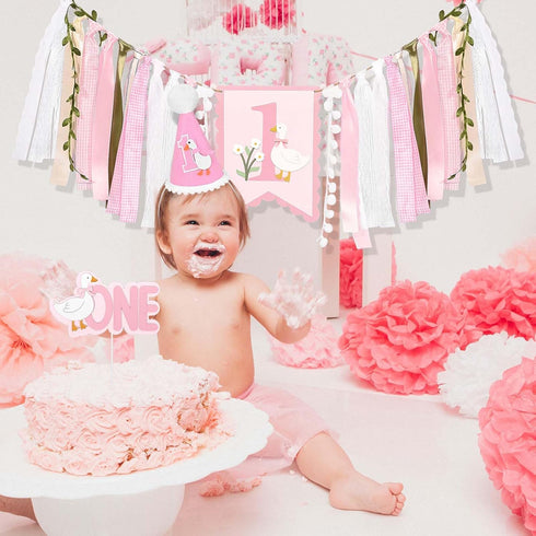 1st Goose Birthday Highchair Banner Hat Cake Topper Highchair Photo Prop for Birthday Party Decorations (Goose)