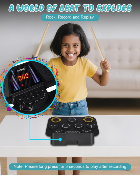 9 Set 5 2 3-12 RVONE Electronic Drum Pad for Kids Beginner with Screen, Pad Roll-Up Electric Drum with Light Mode