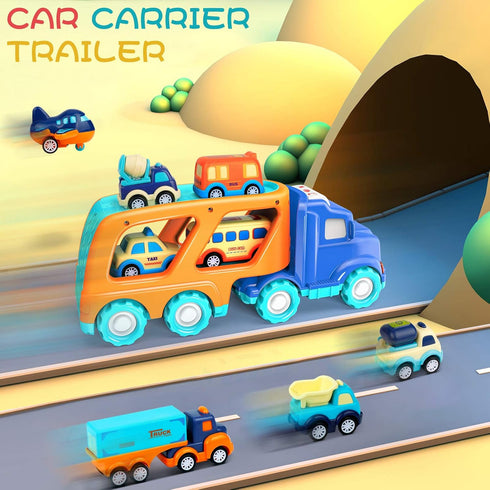 9 Pack Cars Toys for Toddlers 2-5 Years, Big Transport Truck with 8 Small Pull Back Trucks, Carrier Truck with Sound
