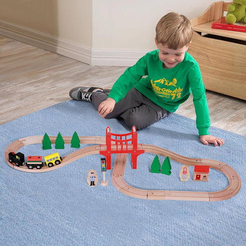 Set, 39Pcs Set Wooden Train Track Toddler Railway Bridge Toy Train with Magnetic Trains, Birthday Gift Ideas for Kids