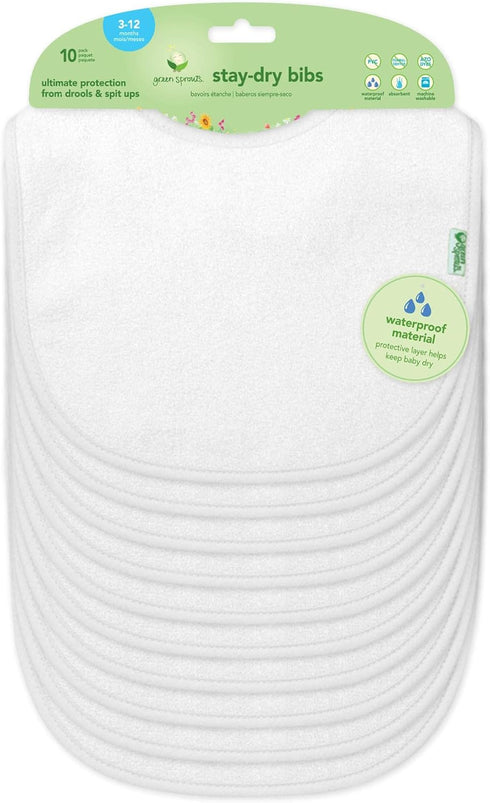 green sprouts Stay-dry Baby Bibs (10 pack) Waterproof protection, Adjustable hook-&-loop closure,