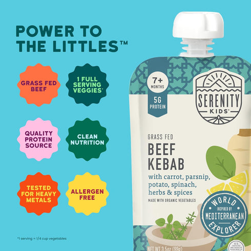 7+ 3.5 Oz, Pack 12-5g Serenity Kids Months World Explorers Baby Food Pouch - Beef Kebab, of Protein Snack - No Added