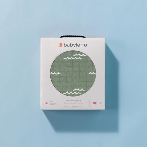 100% 360, Babyletto Organic Cotton Crib Sheet, GOTS-Certified, Fitted Ultra-Soft and Breathable Muslin - Ocean Waves