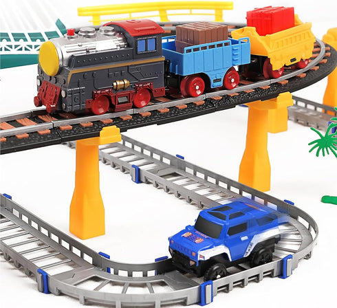 Vunrahsg Set 4-8 Set Playset 4 5 6 7 8+ Electric Train for Kids Ages with Train Tracks & Car Tracks Lights Up Bridge