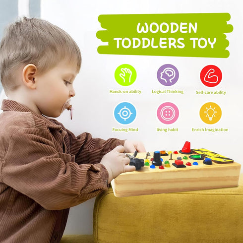 TenFans Wooden Montessori Busy Board with LED Light Switch, Sensory Toy for Toddlers 3+ Year Olds