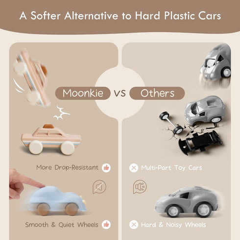 612 46 3 Pack Moonkie Food Grade Silicone Toy Cars for Babies & Toddlers, Push and Go Baby Car Toys Months, Hollow