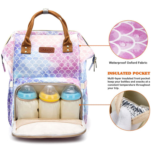 LIMHOO Backpack, Mermaid Diaper Bag Waterproof Baby Care Bag, Women Travel Baby Nappy Changing Bag