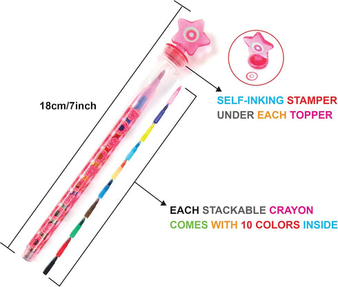 24 2 1 TINYMILLS Pcs Donuts in Stackable Stacking Crayon with Extra Stamper Topper, Kids Party Favors, Goodie Bag