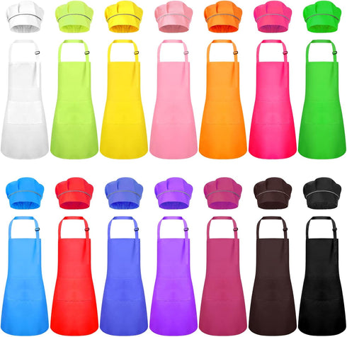 Handepo 28 Pcs Kid Apron and Chef Hat Set Adjustable Bib Apron