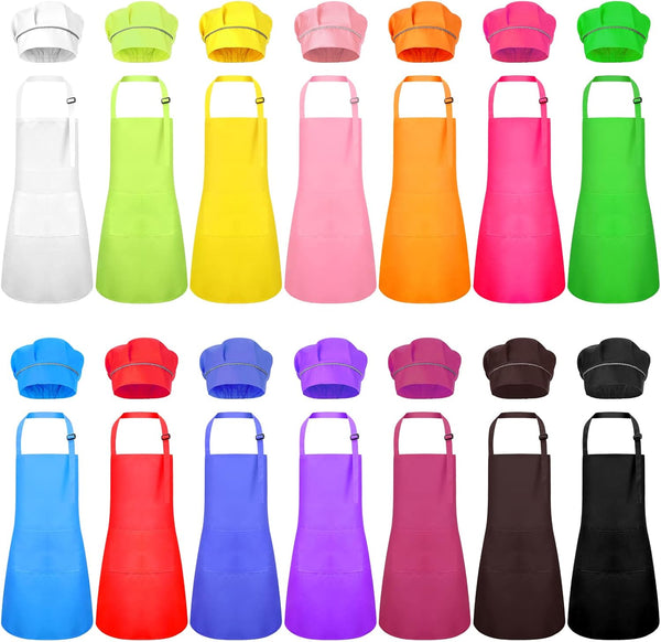 Handepo 28 Pcs Kid Apron and Chef Hat Set Adjustable Bib Apron
