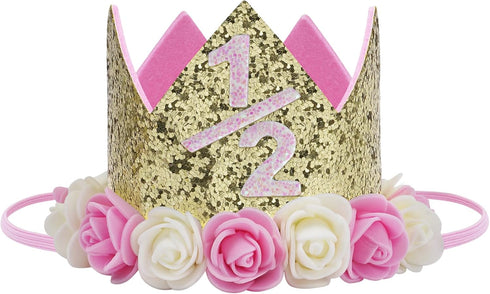 Baby Birthday Crown, Princess Tiara Girls Party Hat with Gold Glitter and Pink Roses for Decorations