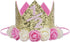 Baby Birthday Crown, Princess Tiara Girls Party Hat with Gold Glitter and Pink Roses for Decorations