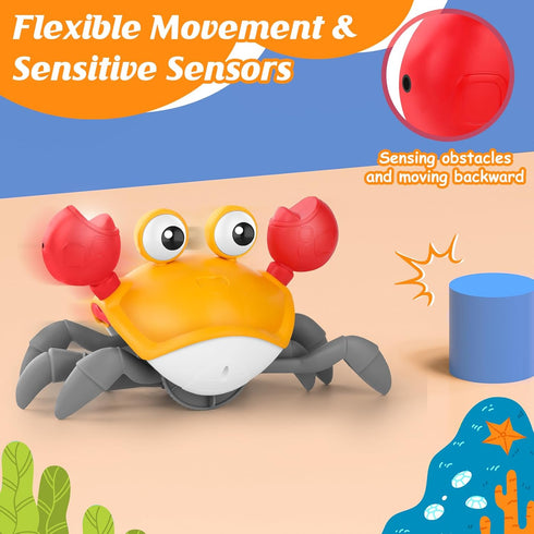 Crawling Crab Baby Toy, Tummy Time Toy for Toddler & Newborn, Light-Up Walking Dancing Moving Crab with Music & Obstacle Avoidance, Infant Rechargeable Sensory Development Gift Orange