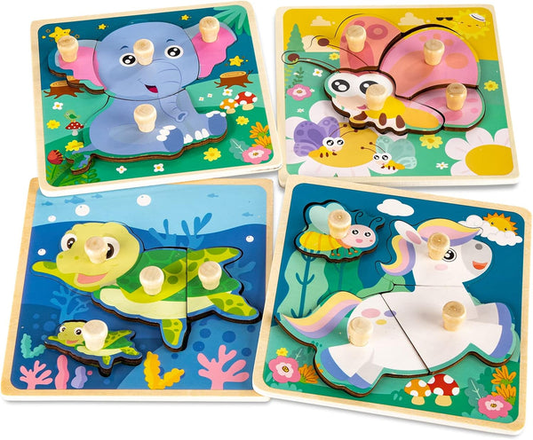 Wooden Toddler Puzzles, Funsland Peg Puzzles Gifts, Eco-Friendly Animal Patterns Jigsaw for 1-3 Years Old