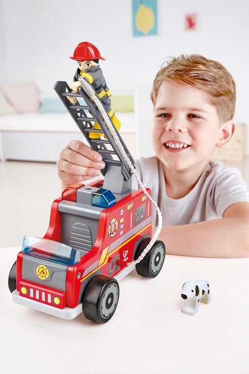 Playset| Hape Fire Truck Wooden Fire Engine Toy with Action Figure & Rescue Dog