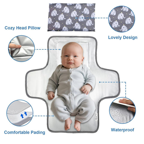 Cute Elephant Portable Diaper Changing Mat,Waterproof Foldable Travel Changing Pad,On-The-Go Wipeable Reusable Changing