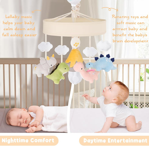 3-Mode Dinosaur Crib Mobile Beige Dino Baby Crib Mobile with Music Box, Nursery Mobile with Triceratops, T-Rex