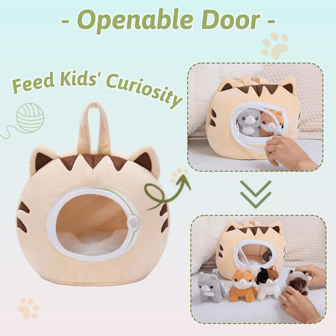 OUOZZZ Set 5 Playset Cat Stuffed Animal House Plush Kitten Toy with Soft Cats Interactive & Travel-Friendly Kitties