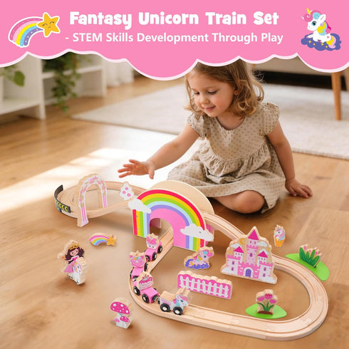 Set 43PCS Sets SIMPLIPLAY Wooden Train - Unicorn Magnetic Toy Train with Wooden Train Tracks & Bridge for Girls