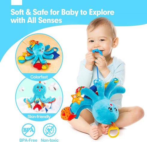0-6 4 hahaland Baby Toys Months - Car Seat Toys Octopus Toy with Pulling Cords, Squeaky, Crinkle, Rattle, Mirror