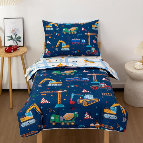 4 Set NTBED Pieces Construction Truck Toddler Bedding for Baby Boys, Flags Vehicles Excavator Cars Printed, Includes