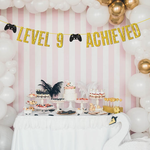 Level 9 Achieved Banner, Game on Level 9 Hanging Sign, Glittery Video Gamer Happy 9th Birthday Party Decorations