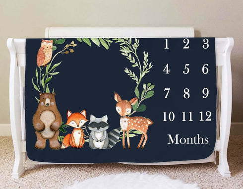 Woodland Baby Monthly Milestone Fleece Blanket, Black, 50x40, Includes Marker for Baby Photos