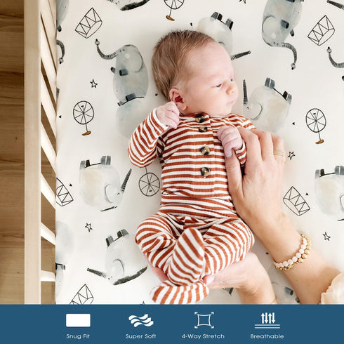 Pack n Play Sheets Fitted 2 Pack - Stretchy Ultra Soft Jersey Knit for Portable/Mini Crib Mattresses, Cute Elephant