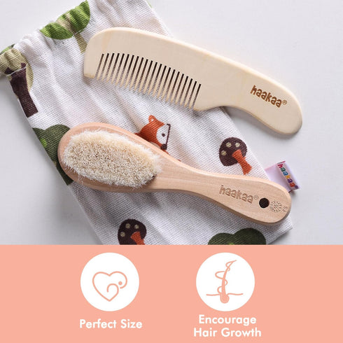 Set 2pk haakaa Baby Hair Brush and Comb for Newborns & Toddlers - Natural Soft Wool Bristles and Wooden Handle, Gently