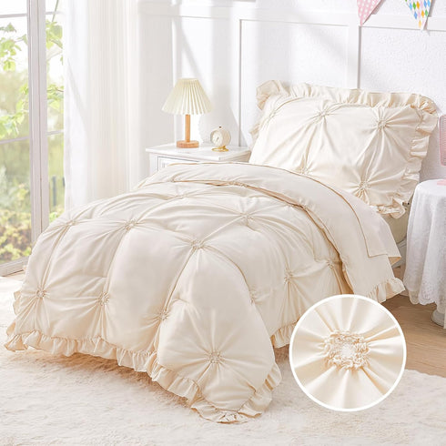 Sets 4-Piece Set Wowelife Toddler Bedding for Girls, Beige Toddler Bed Floral Ruffles Boho Bohemian Jacquard Includes
