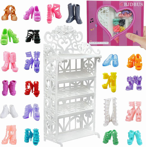 BJDBUS 1 Doll Shoes Rack Shelf + 20 Pairs Shoes Set, High Heel Boots Sandals Assorted for 11.5 Inch Girl Doll