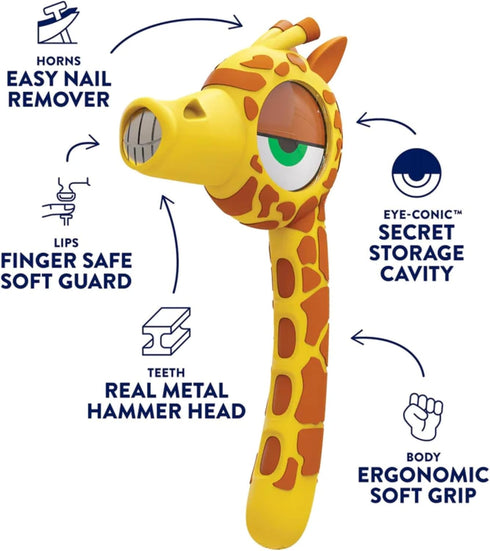Famm Hammer 5 Handy Real Metal Yellow Giraffe for Kids, Patented Safety Mouth Sleeve and Nail Remover, STEM DIY Tool