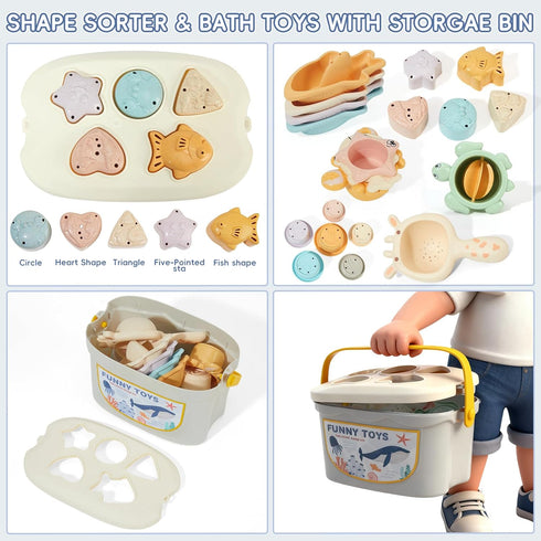 21PCS 1-3 6-12 1-3 Baby Bath Toys, Mold Free Bath Toys for Kids Ages with Montessori Shape Sorter and Educational