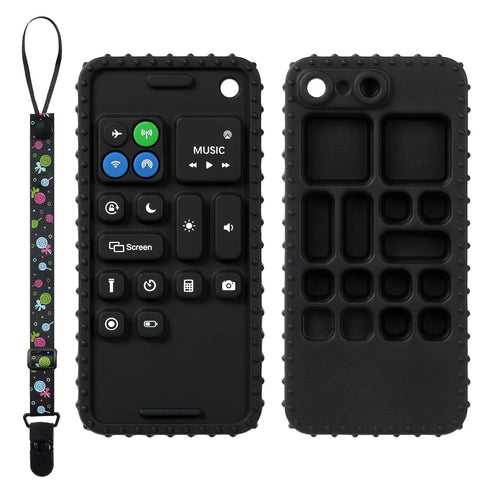 Silicone Baby Teething Toys, Cell Phone Teether Toys with Pacifier Clip, 0-12 Months, BPA Free/Freezable (Black)