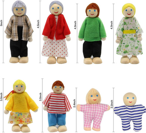 Lovely Happy Dollhouse Dolls Family Set - 8 Wooden Figures for Children House Pretend Gift