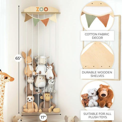 Stuffed Animal Storage Zoo with Decorative Muslin Garland - Cute Wooden Toy Storage Organizer for Kids Playroom