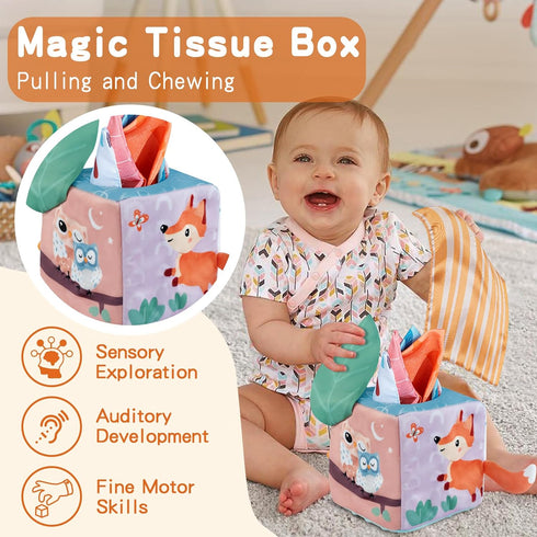 Montessori Toys for Babies 6-12 Months - 3 in 1 Play Kit with Spinning Drum, Tissue Box Toy, and Peekaboo Puzzle