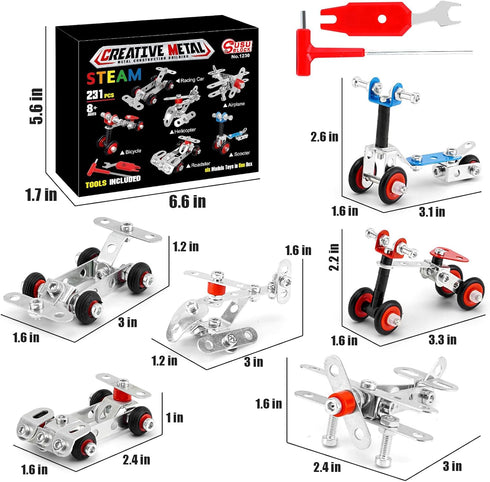 Cars & Airplane Metal Model Set - 231 PCS Building Kit Model, 6 Models Metal STEM Project Building Toys for Ages 8-12