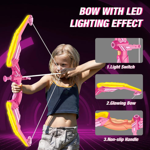 2 Pack Bow and Arrow for Kids, LED Light Up Archery Set with 24 Suction Cup Arrows and 2 Quivers for Indoor Outdoor