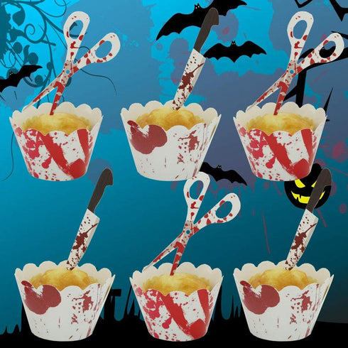Halloween Cupcake Toppers & Wrappers, Horror Cake Decoration, Bloodstain Cake Knife, 12 Sets (24pcs)